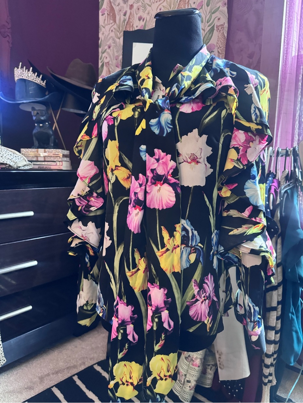 Floral Ruffle Tie-Neck Blouse - Black with Pink & Yellow Floral